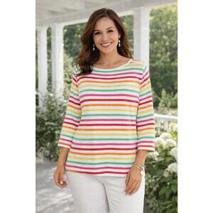 Talbots Women's Rainbow Colored Striped Stretch Cotton Blend Top, LP